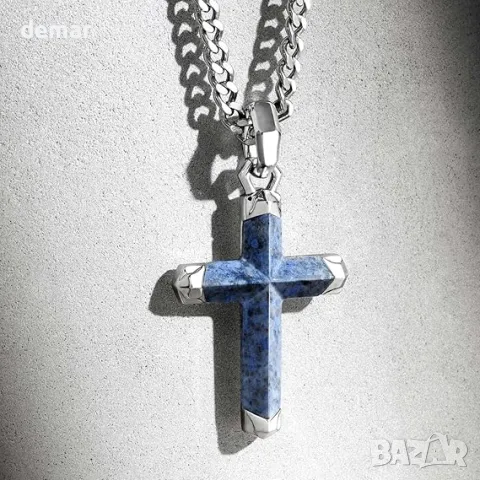 AWNL Кръстова огърлица за мъже със скъпоценен камък Dumortierite, снимка 2 - Колиета, медальони, синджири - 49663999
