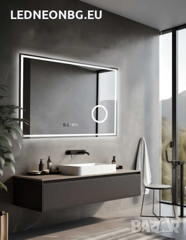 Oгледало за Баня 80 x 60 см, с LED осветление 3 CCT, Часовник - Термометър, Увеличително огледало , снимка 7 - Огледала - 53872699
