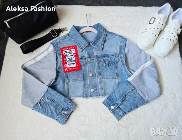 Дамско късо дънково яке с ръкави от плат , снимка 9 - Якета - 52819452