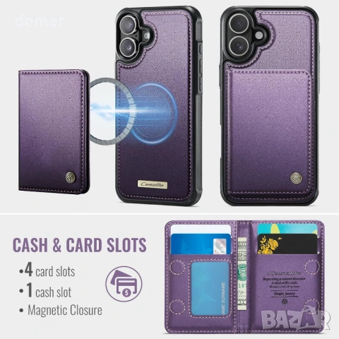 Калъф-портфейл за iPhone 17 с MagSafe, RFID блокиране, 2 в 1, лилав, снимка 3 - Калъфи, кейсове - 53720397