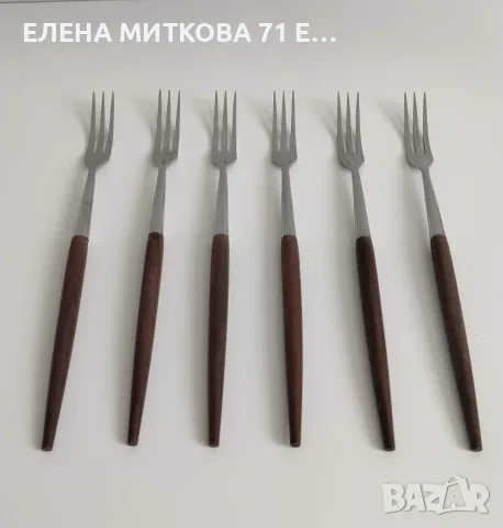 Винтидж комплект от 6 бр. вилици от неръждаема стомана с много дълги дървени дръжки