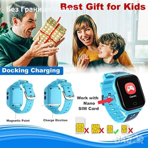 Нов Детски смарт часовник телефон SOS обаждания камера 5 игри IP67 син, снимка 6 - Други - 53535230