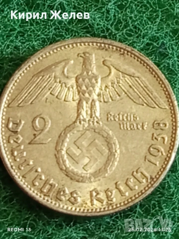 Сребърна монета 2 райхсмарки 1938г. Германия Трети Райх с Свастика за КОЛЕКЦИОНЕРИ 46912