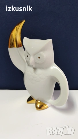 Сериозен бухал от 1980 г. – порцелан и злато, снимка 4 - Декорация за дома - 53620396