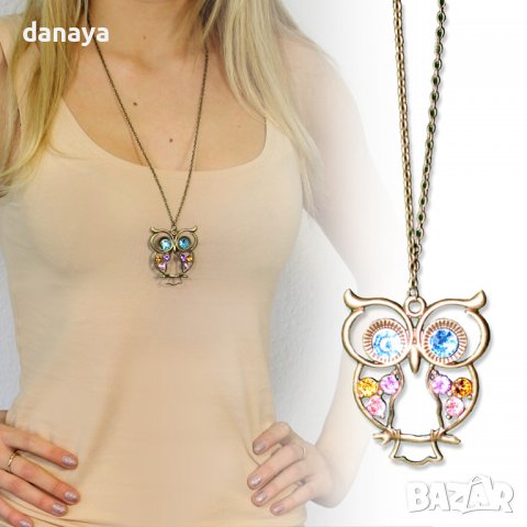 3287 Дамско колие Бухалче с цветни камъни, снимка 4 - Колиета, медальони, синджири - 38871588