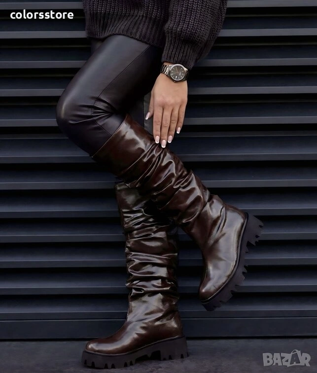 Равни ботуши - тъмнокафява лъскава кожа - DR808 , снимка 1