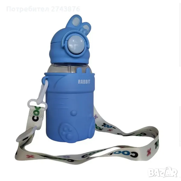 Детска бутилка за вода със сламка, Силиконов калъф- Rabbit , заключващ механизъм - 500ml, снимка 1