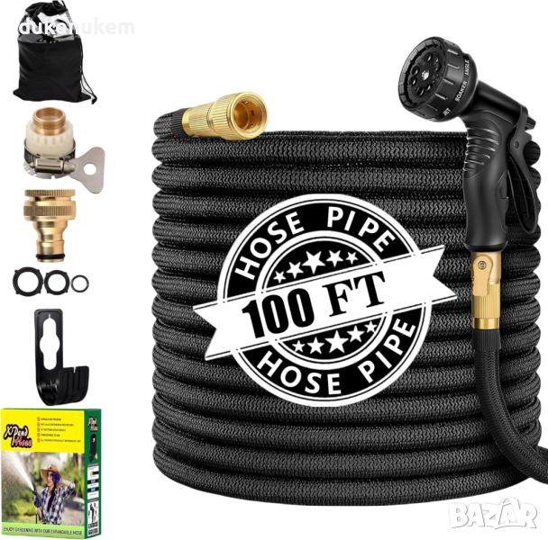 Разтегателен градински маркуч 30 м с накрайници и пистолет с 10 режима, снимка 1