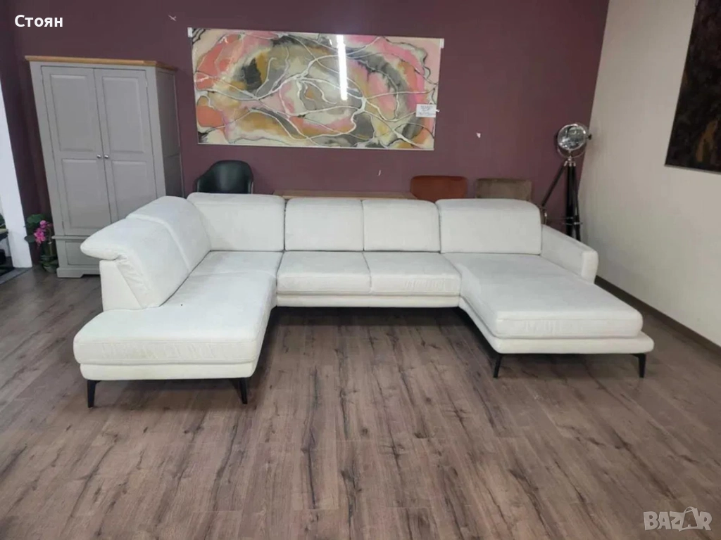 ПРОМОЦИЯ!!!Светло кремав П - образен ъглов диван от плат Mondo Lometti, снимка 1