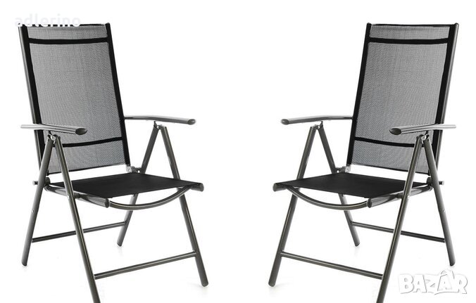 Комплект от 2 сгъваема стола, текстилен, алуминиева черна рамка, тъмно сив, градински стол, Къмпинг , снимка 1