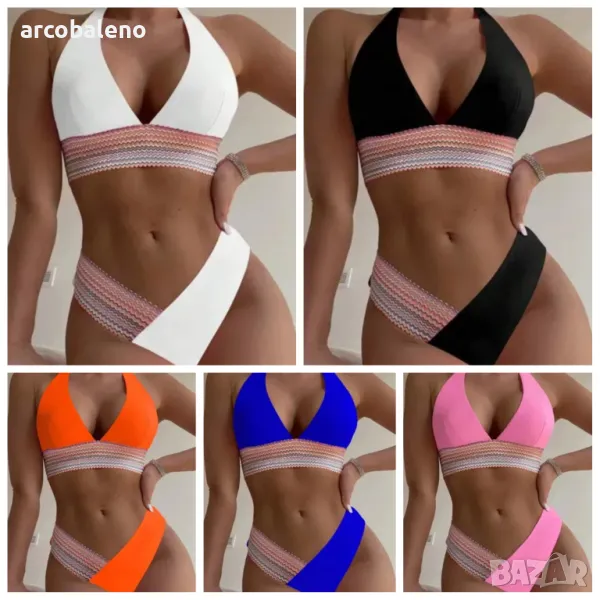 Моден дамски бански костюм с цветни блокчета и ленти, 5цвята , снимка 1