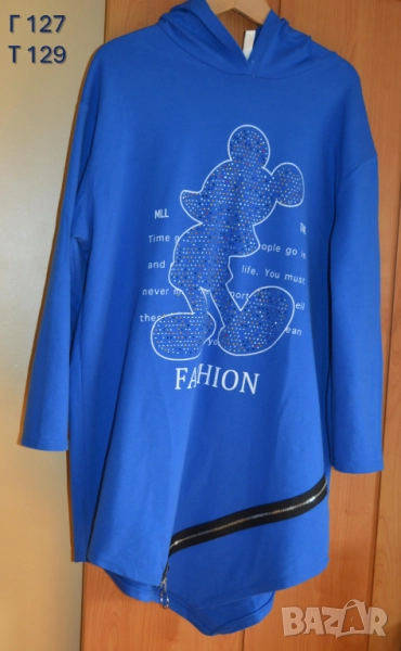 👕 Дамска асиметрична тъмносиня спортна туника с качулка, камъни и цип; 2XL÷4XL, снимка 1