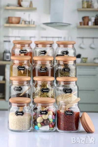 Комплект бурканчета за подправки с бамбукови капачета и лъжички + етикети на български, снимка 1