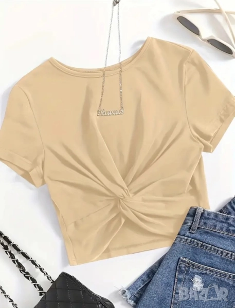 Дамски бежов топ с ефектен дизайн, снимка 1