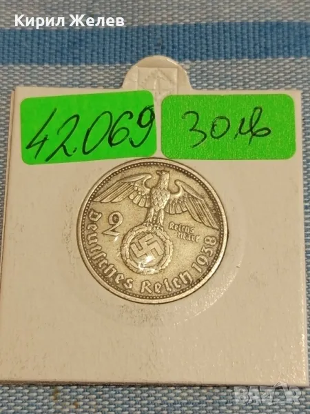 Сребърна монета 2 райхсмарка 1938г. Трети райх Нацистка Германия с свастика 42069, снимка 1
