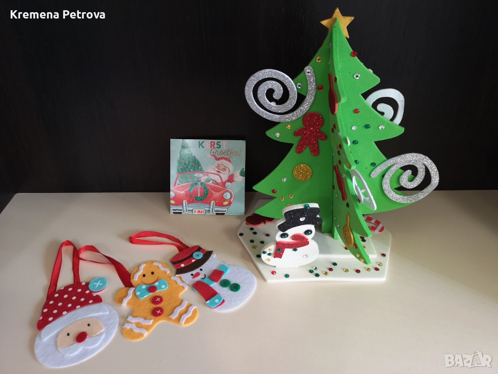 Направи си сам - коледна елха и снежен човек на поставка, картичка и три играчки за закачане на елха, снимка 1