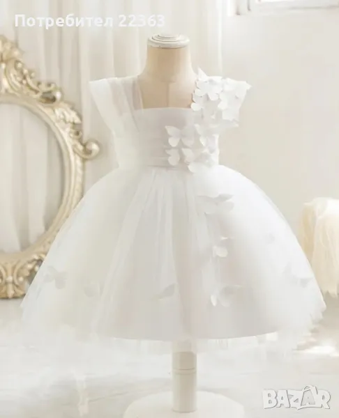 Официална бяла рокля за бебета и деца с апликация пеперуди, снимка 1