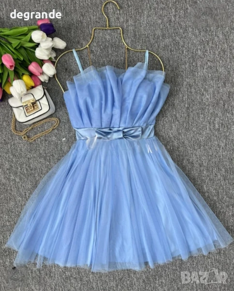 Синя Дамска рокля с тюл, снимка 1