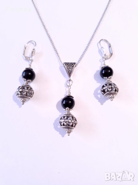 Разкошният ни нов комплект с камъни Черен диамант и фини филигранни орнаменти в цвят сребро , снимка 1