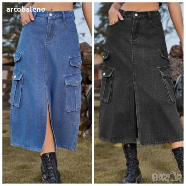 Дамска дънкова карго ежедневна миди пола с еластична талия, 2цвята , снимка 1