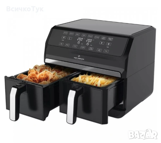 ✨Фритюрник с горещ въздух Just Perfecto JL-09 XXL, 2 кошници, 8в1, 1700 W, 8L., Черен 