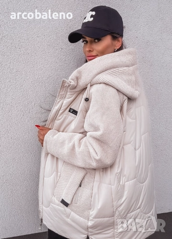 Дамско кремаво по-дълго яке, изработено  от комбиниран материал 