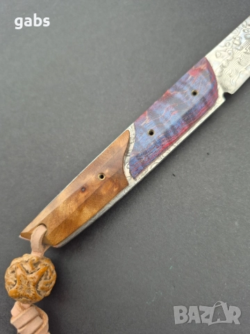 Компактен ловен нож,фултанг дамаска стомана с кожена кания, LN426, снимка 6 - Ножове - 52327576