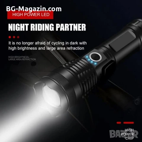 Мощен тактически фенер LED прожектор регулируем фокус USB зареждане за лов риболов къмпинг аварии, снимка 2 - Къмпинг осветление - 51027619