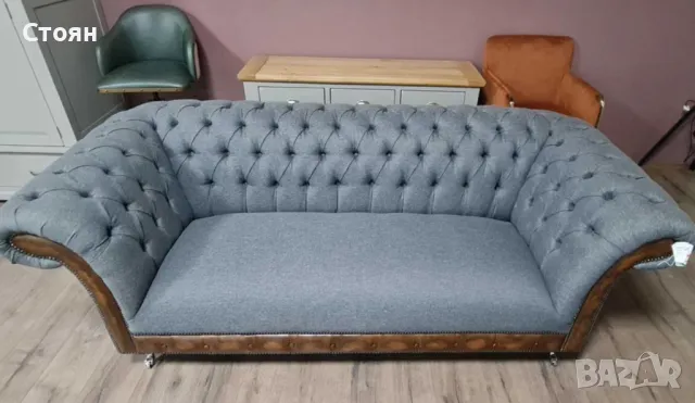 Сив комплект от плат Честърфийлд диван тройка и фотьойл, снимка 12 - Дивани и мека мебел - 50059641