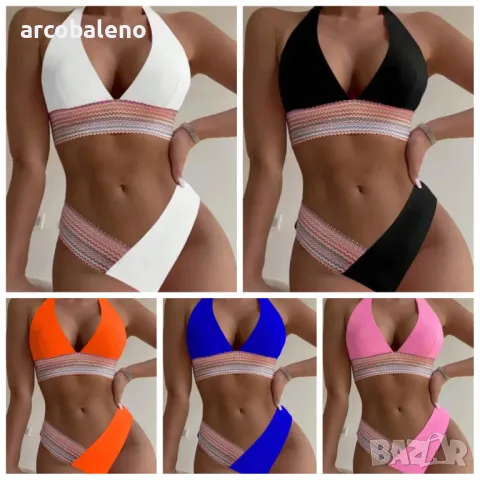 Моден дамски бански костюм с цветни блокчета и ленти, 5цвята 