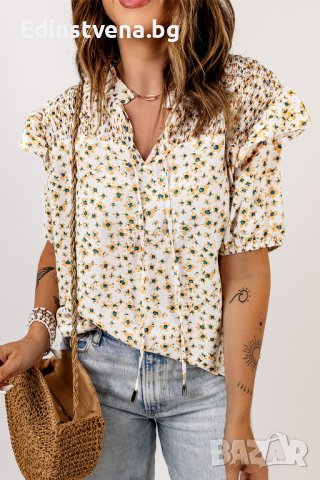 Дамска блуза с къс ръкав и флорален принт, снимка 4 - Корсети, бюстиета, топове - 40698121