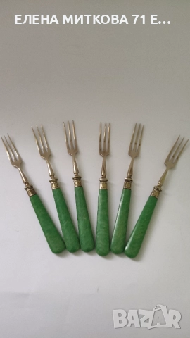 Старинни месингови десертни прибори с перлено-зелена бакелитова дръжка-в стил Арт Деко, снимка 6 - Антикварни и старинни предмети - 52564869