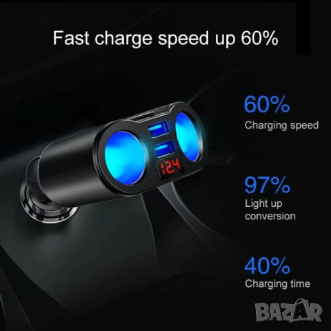 Разклонител за автомобилен контакт + двойно USB QC3.0 бързо зарядно, снимка 8 - Аксесоари и консумативи - 51236888
