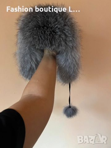 Дамска черна пухена шапка с ушанки и сив косъм ❤️, снимка 4 - Шапки - 52859601