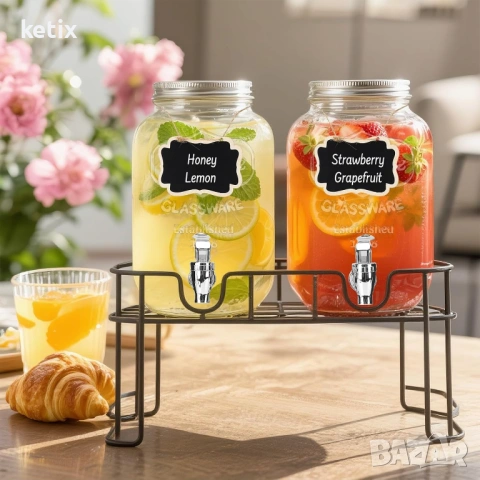 2 x 4L стъклен диспенсър за напитки със стойка, снимка 2 - Други стоки за дома - 53731440