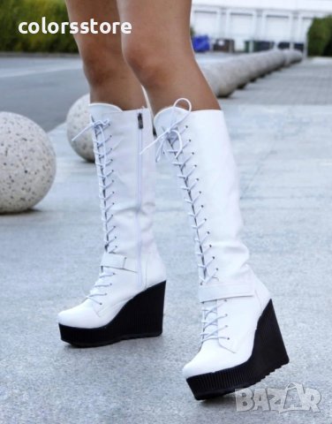 Ботуши на платформа - бяла кожа с черно ходило - 1905