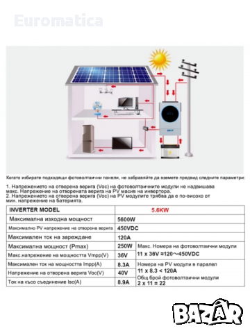 Хибриден соларен инвертор 5.6 kW - MPPT - 48V - 120A - 450V PV, MAX Input 6000W - смесващ енергия, снимка 4 - Друга електроника - 36356768
