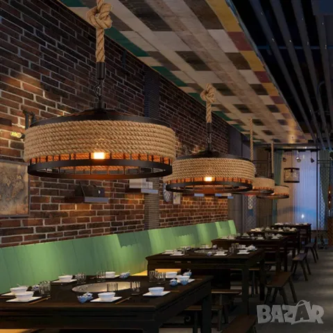 Конопено въже Индустриален стил Ретро лампа Висяща лампа Висящ тип Кръгла клетка Желязо E27 Полилей , снимка 7 - Лампи за таван - 34013296