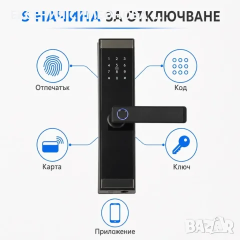 Смарт Електронна Брава 5 начина на отключване - ключ, код, карта, отпечатък и приложение, снимка 2 - Заключващи механизми, брави и катинари - 55971828