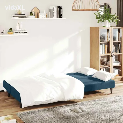 vidaXL 2-местно разтегателно канапе, синьо, кадифе, снимка 3 - Дивани и мека мебел - 56147383