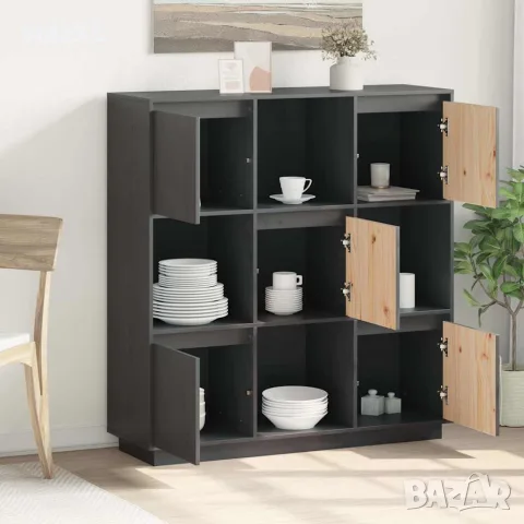 vidaXL Висок шкаф, сив, 110,5x35x117 см, борово дърво масив, снимка 3 - Бюфети - 56147932