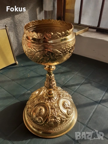 Бокал потир религиозна чаша позлата, снимка 2 - Антикварни и старинни предмети - 53286051