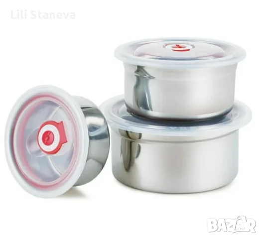 Комплект от три броя кутии,за съхранение,от неръждаема стомана,с пластмасови капаци. , снимка 3 - Кутии за храна - 51118921