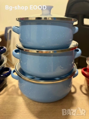 ПРОМО!! Комплект от 3 броя Емайлирани Тенджери + Стъклени Капаци, снимка 2 - Съдове за готвене - 53743726