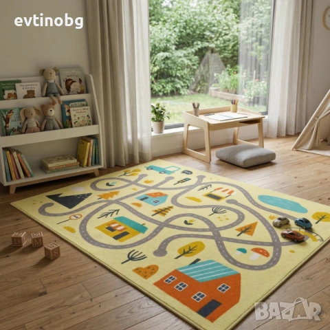 Детски килим за игра 120х160см - Светложълт килим с цветни къщички, противоплъзгащ и миещ се, снимка 6 - Други - 53872809
