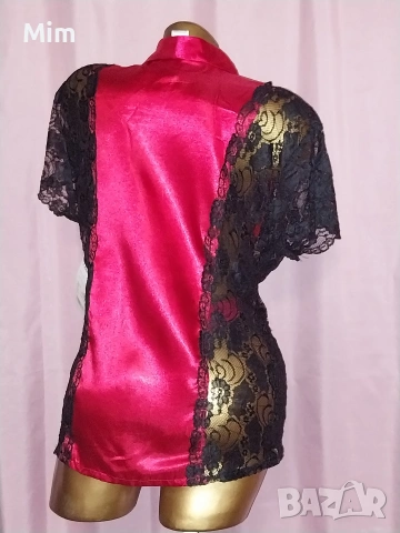 L Сатенена блуза с къс ръкав от червен сатен и черна дантела , снимка 4 - Корсети, бюстиета, топове - 53626701