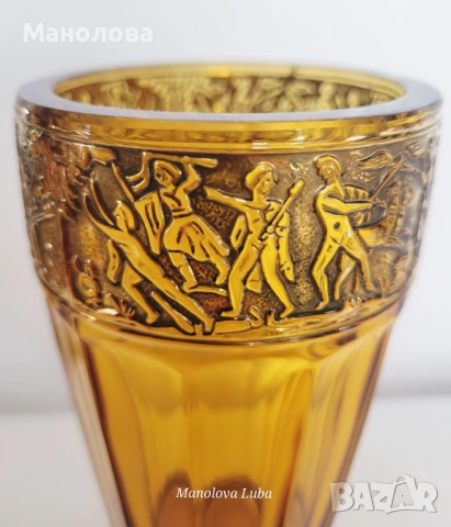 Антикварна ваза от кехлибарено стъкло със златен фриз от August Walther & Sons AG в стил Art Deco, снимка 4 - Други ценни предмети - 52285464
