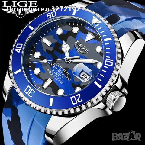 LIGE кварцов часовниk модел комуфлаж 2023,водоусточив,дата,въртящ се безел, уникален дизайн, снимка 3 - Мъжки - 41558639