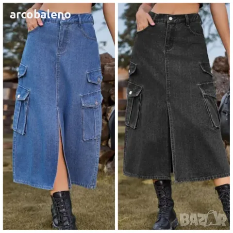 Дамска дънкова карго ежедневна миди пола с еластична талия, 2цвята 