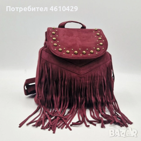 Велурена дамска раница с ресни и метални нитове – бохо стил и практичност, снимка 9 - Раници - 52696653